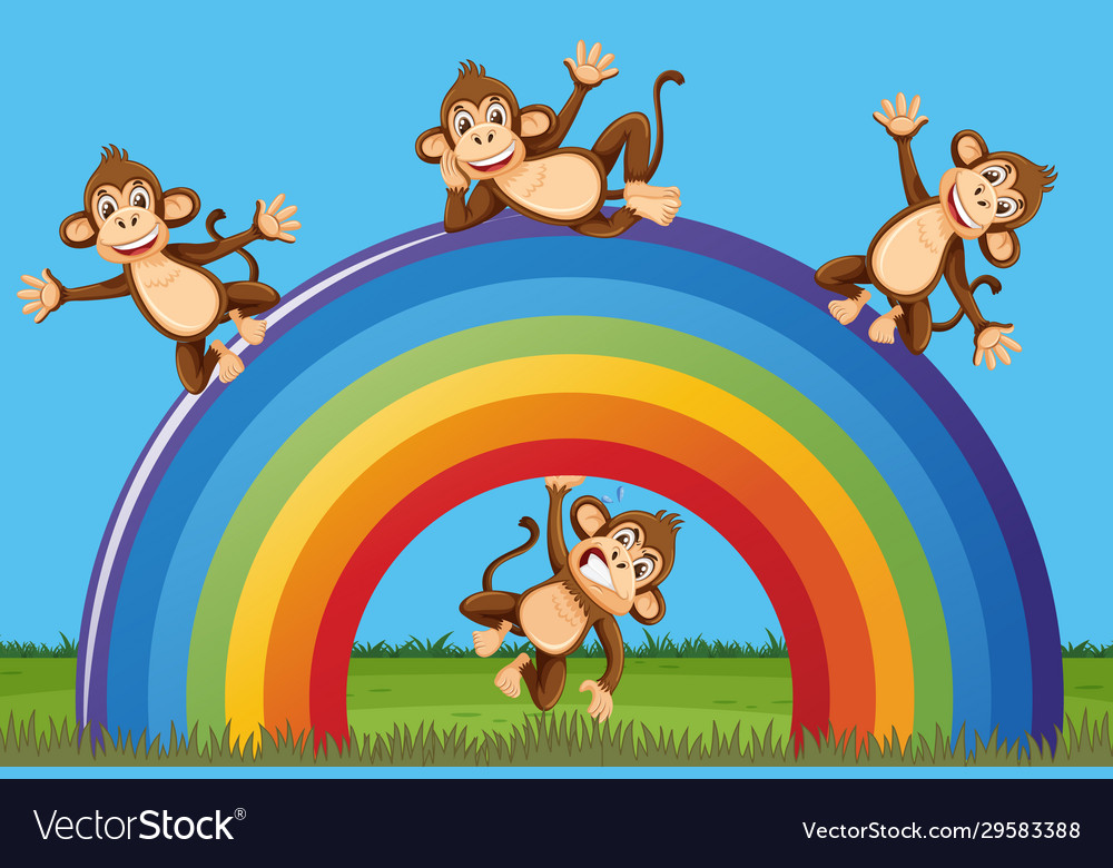 Scene with happy monkeys and big rainbow Vector Image Scene with happy monkeys and big rainbow Vector Image