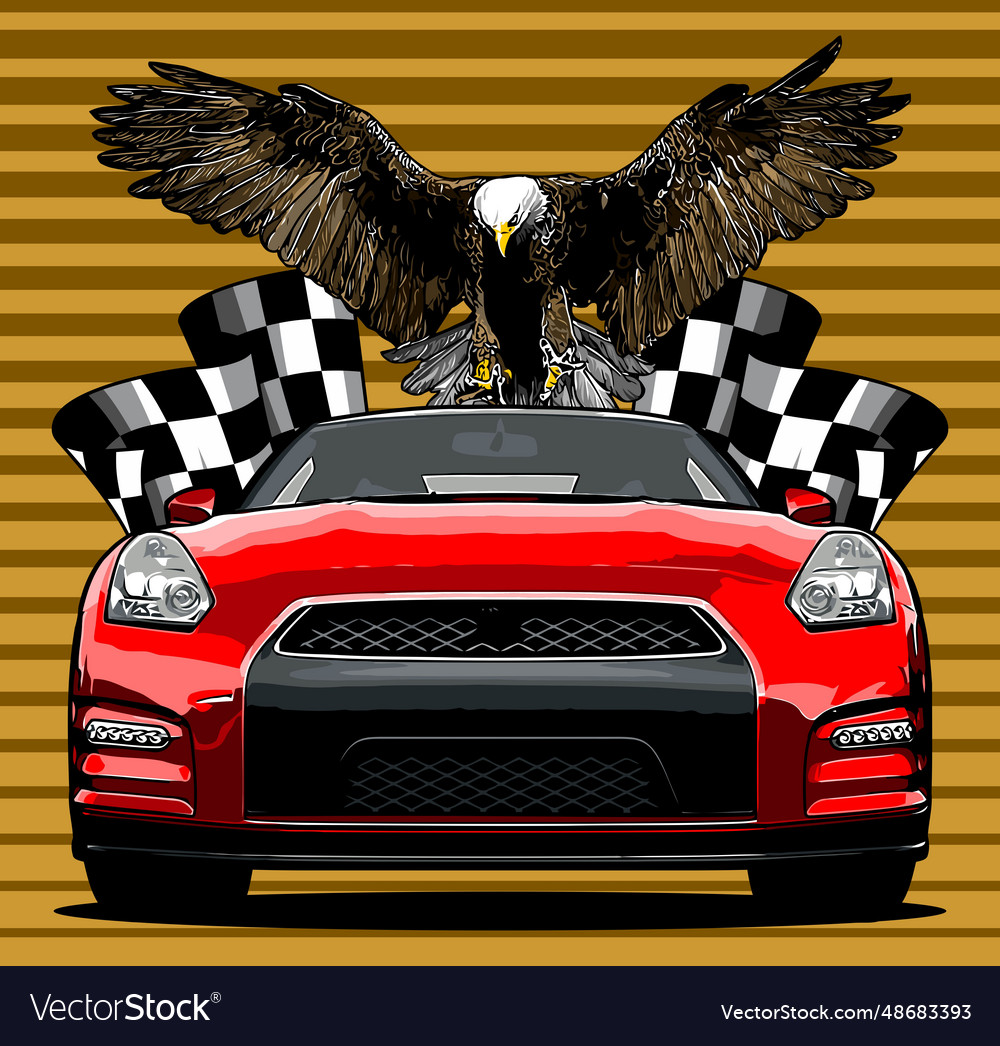 Car and eagle on racing flag background