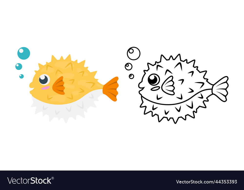 Cartoon pufferfish in color and outline version Vector Image