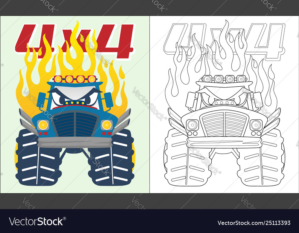 vector cartoon of monster truck, coloring book or page 19593498 Vector Art  at Vecteezy