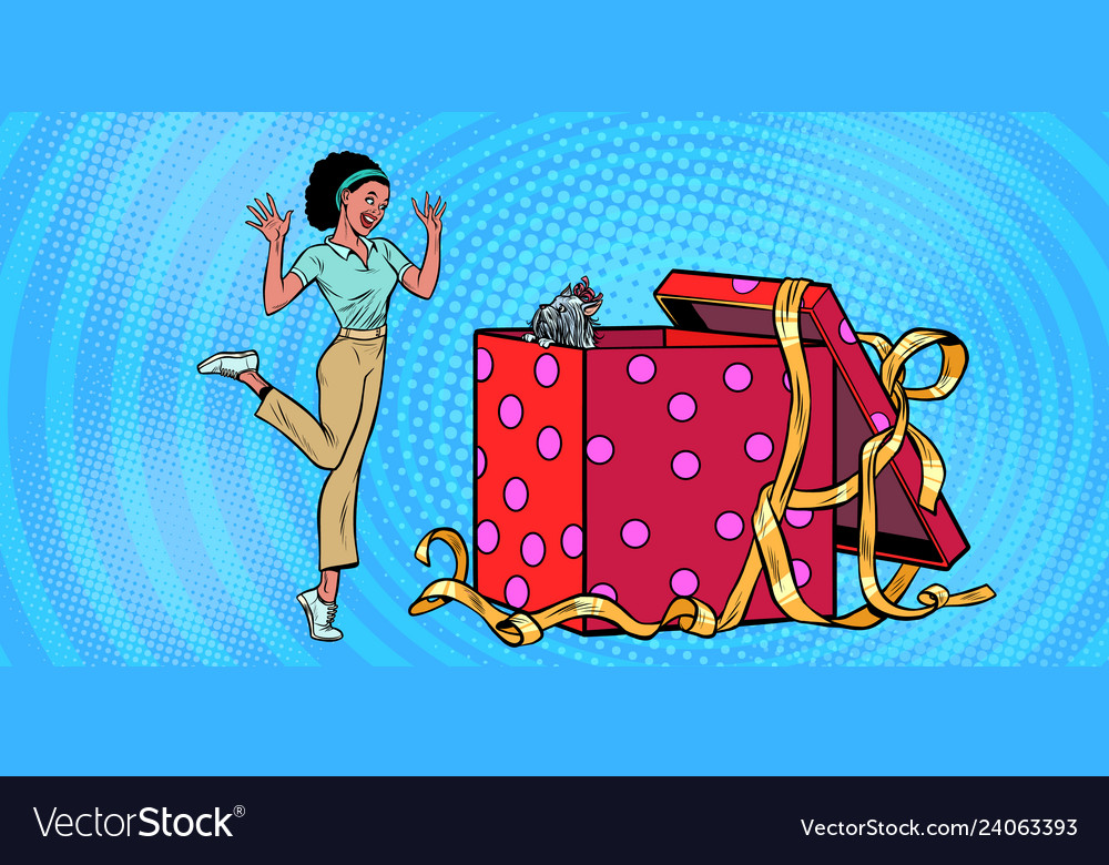 Dog puppy holiday gift box african woman funny Vector Image