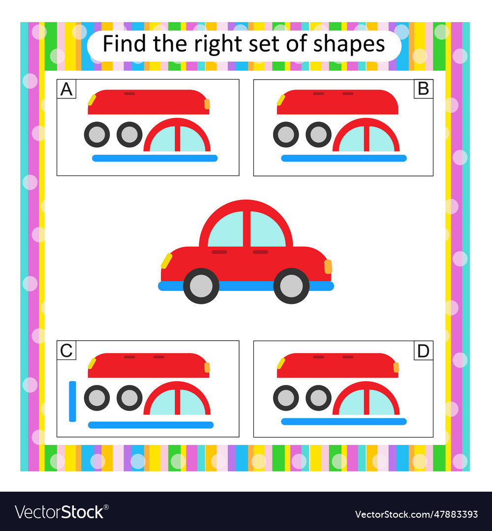 Logic puzzle find the correct set of cartoon car Vector Image