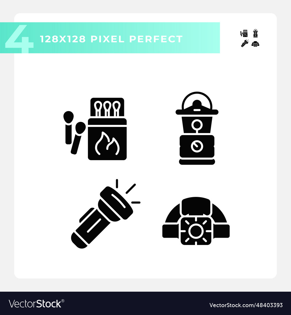 Set of 2d pixel perfect hiking gear glyph style Vector Image