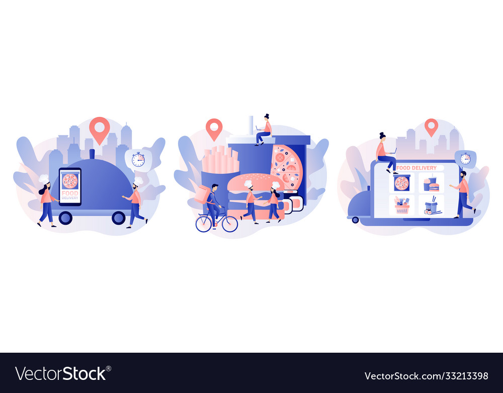 Food delivery service tiny people order Royalty Free Vector