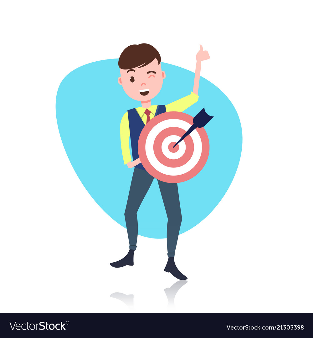 Happy man character holding target arrow goal