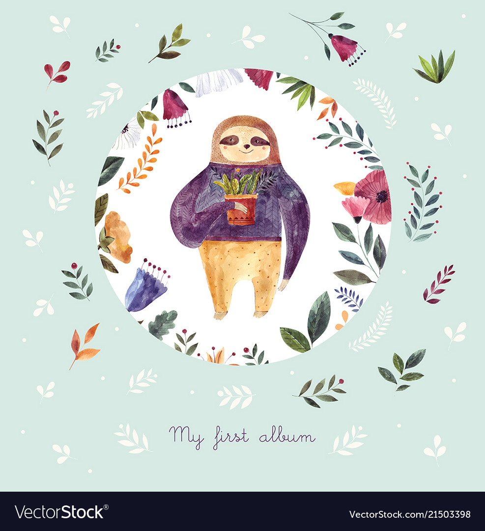 Watercolor with cute sloth vector image Watercolor with cute sloth