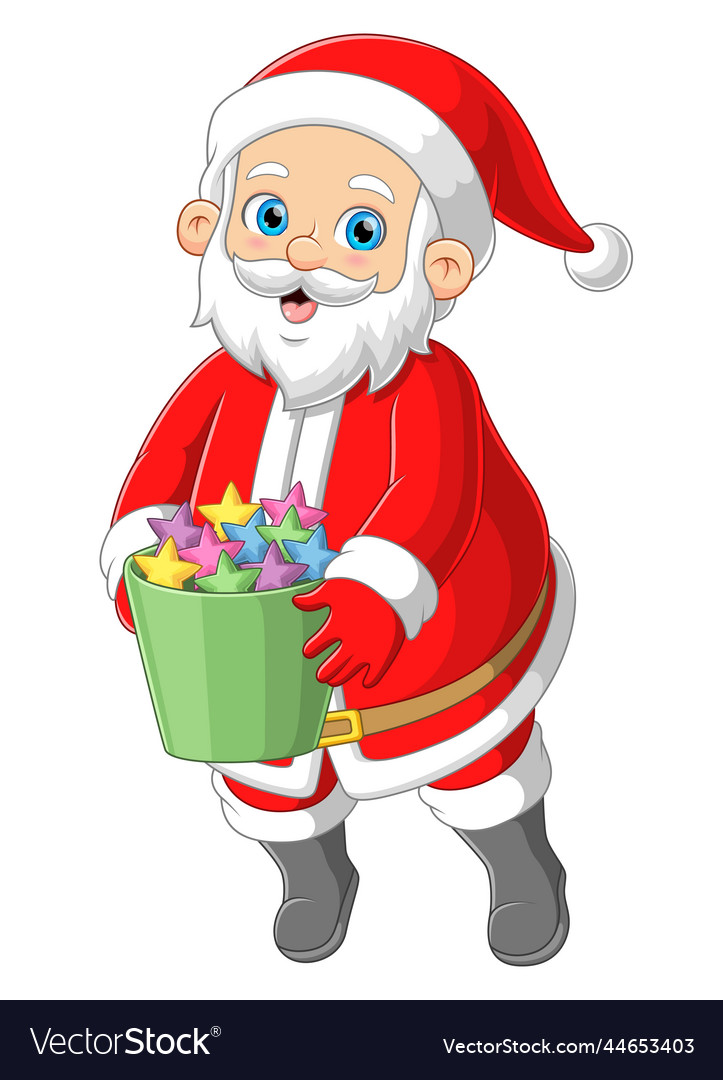 Santa claus carrying many stars in basket Vector Image