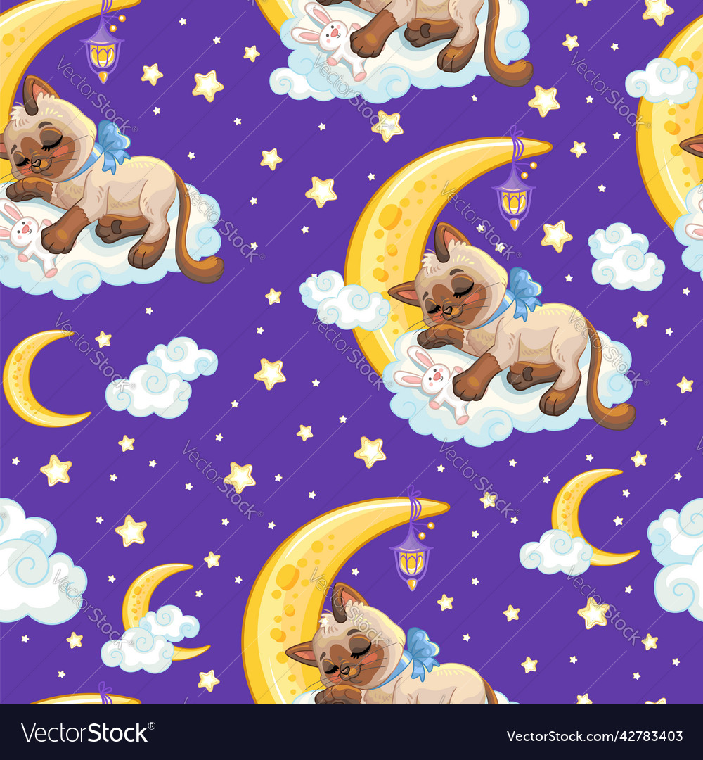 Seamless pattern cute cat sleeping on a moon