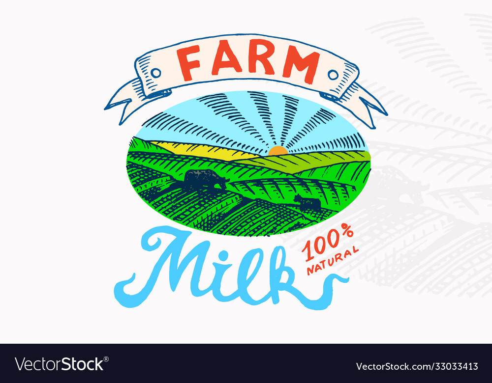 Milk meadow farm rural landscape vintage logo Vector Image