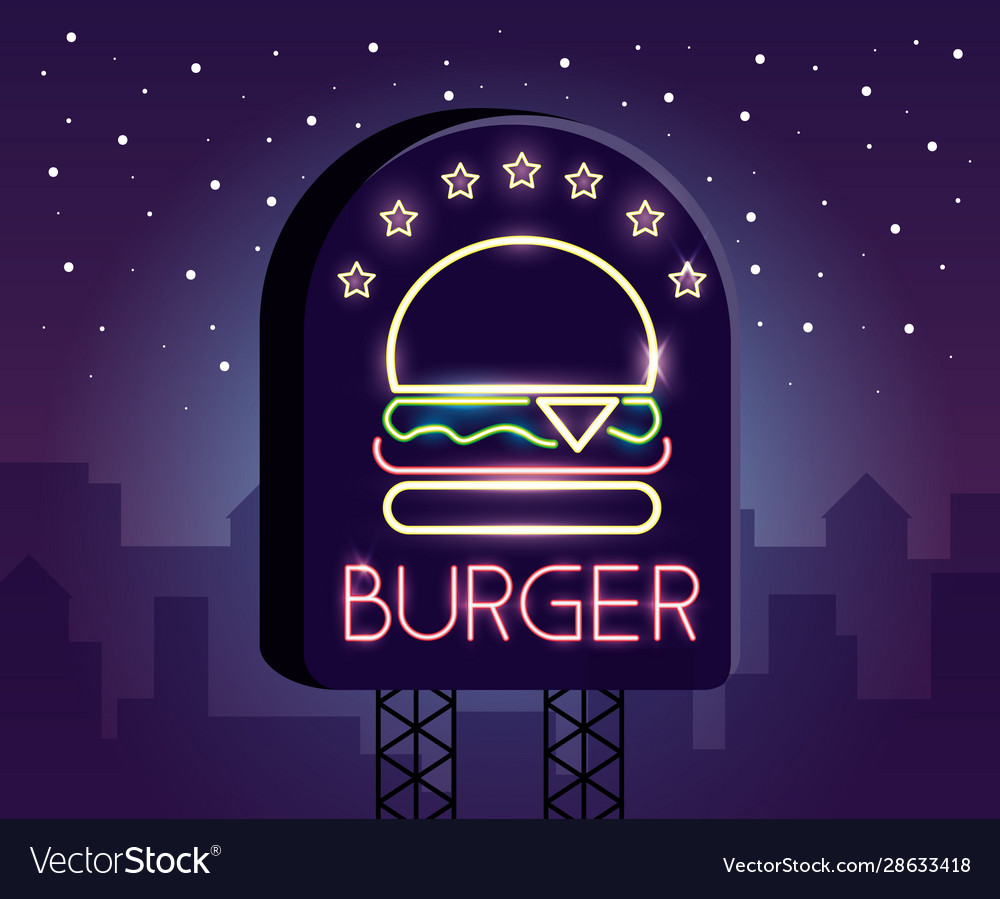 Burger food neon light label Royalty Free Vector Image