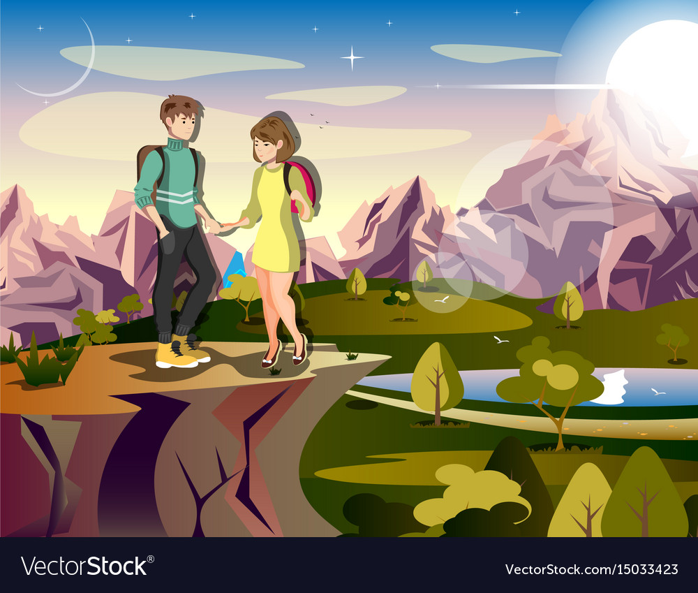 Couple hiking man woman traveler on mountain