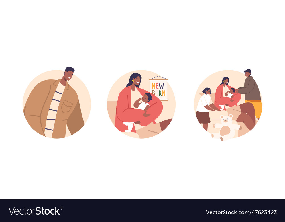 Isolated round icons with black family characters