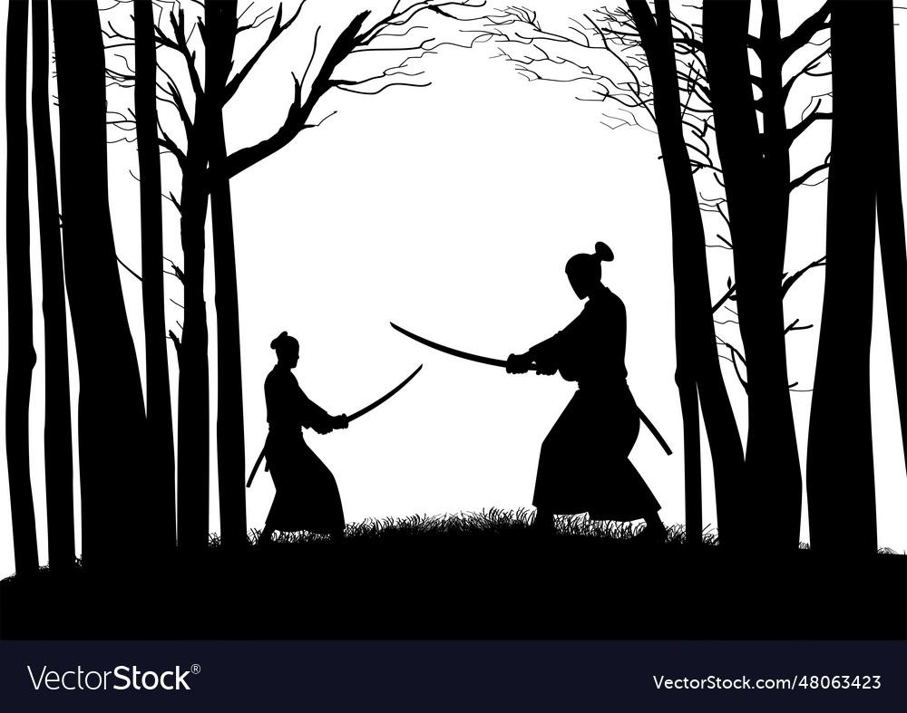 Silhouette of two samurais having a duel Vector Image