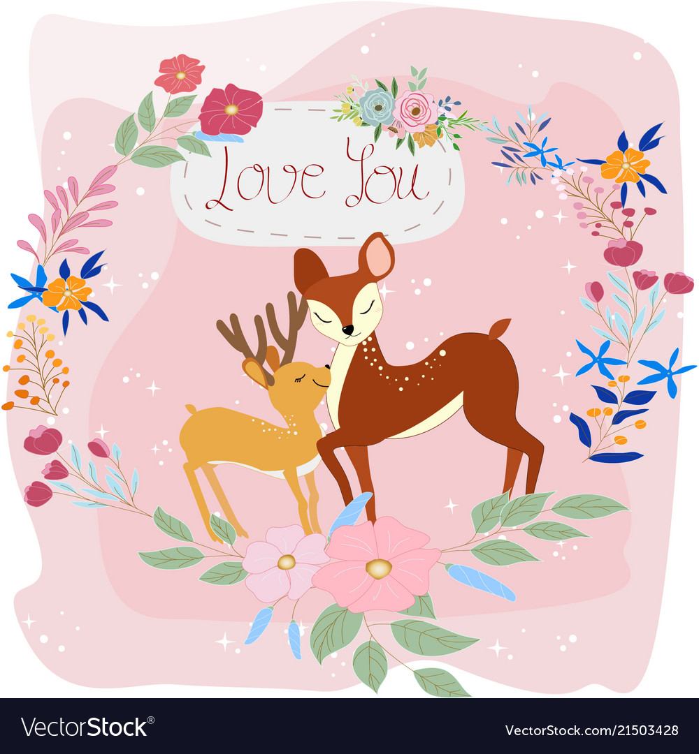 Cute Baby Deer And Mom In The Flower Frame Vector Image