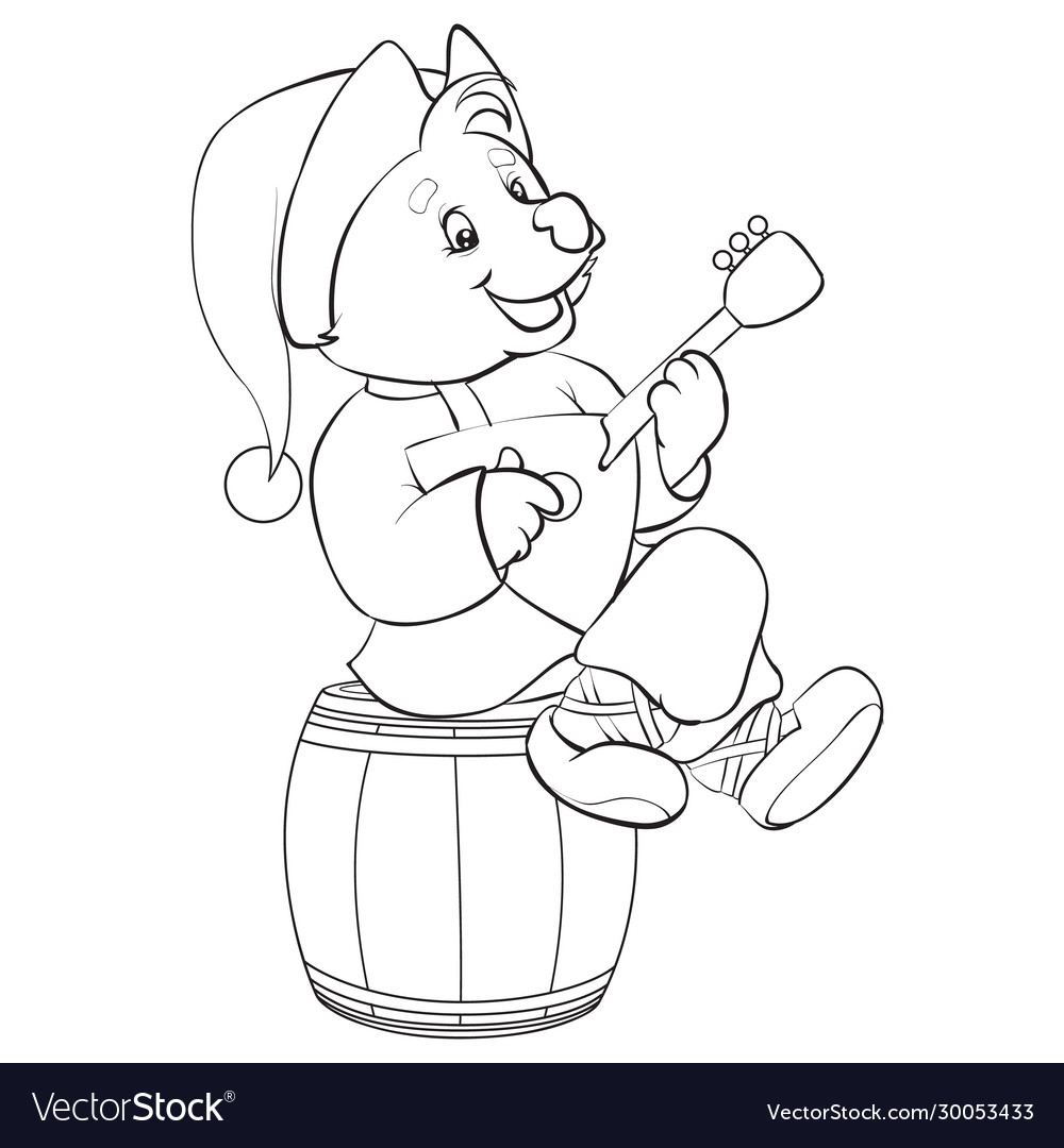 Bear in a cap plays balayka and sits on barrel