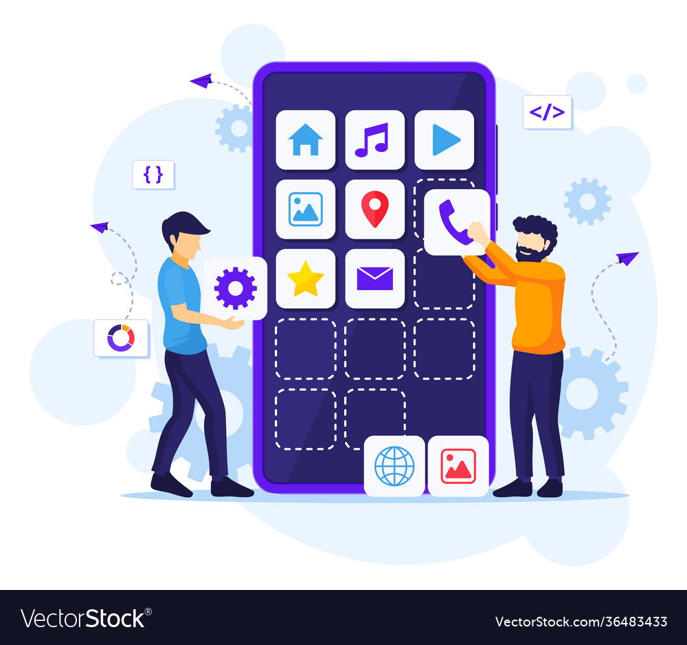 Mobile app development concept people building Vector Image