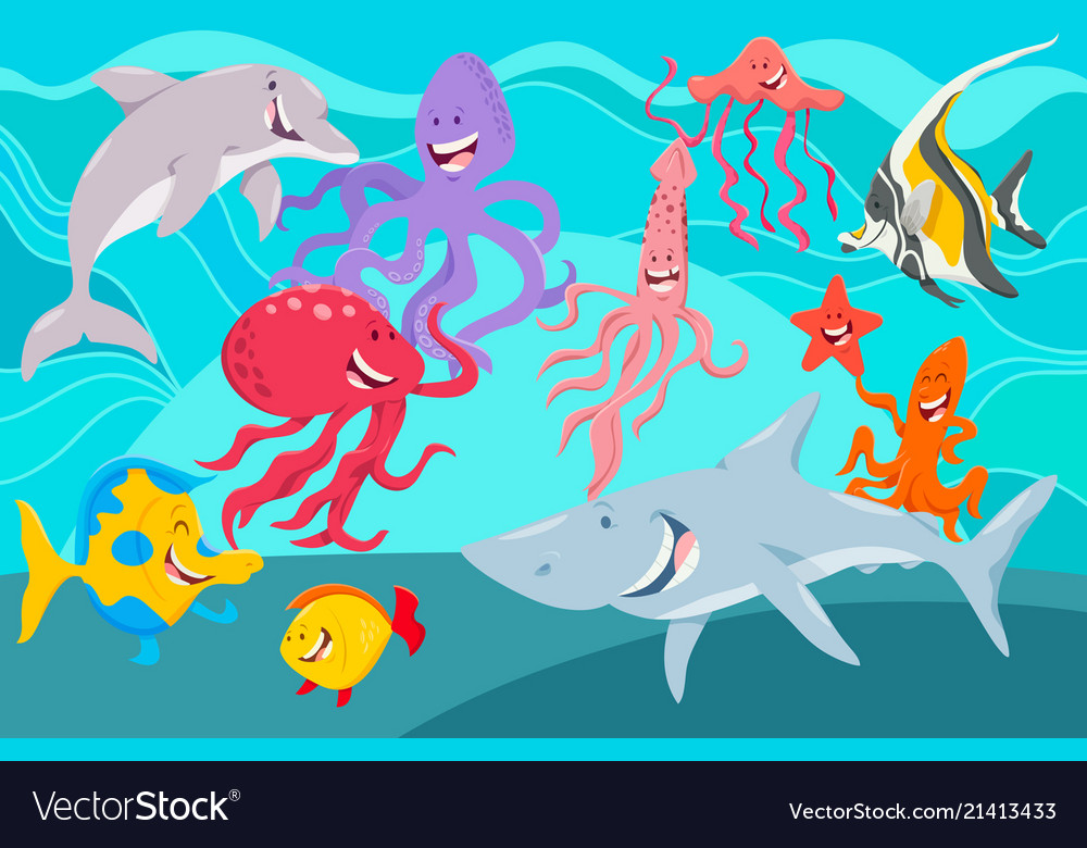 Sea life animals cartoon characters group Vector Image Sea life animals cartoon characters group Vector Image