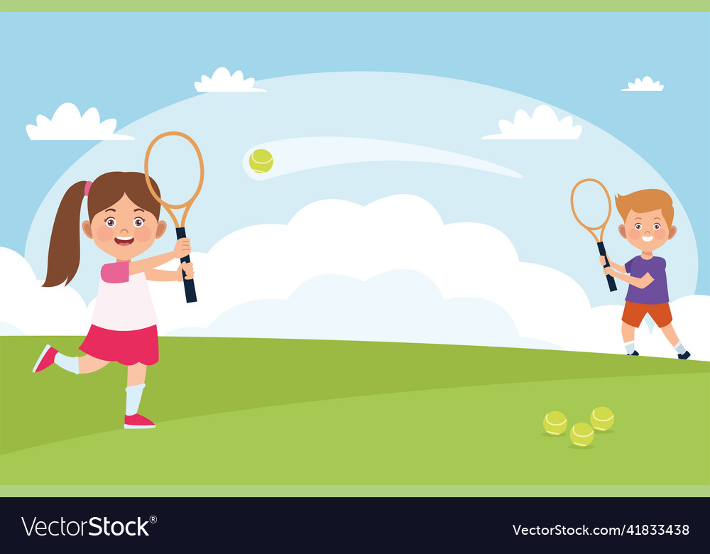 Kids couple practicing tennis outdoor Royalty Free Vector