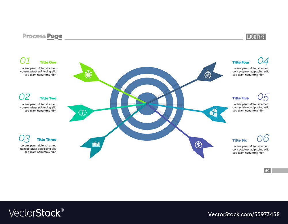 Six arrows hitting target process chart template Vector Image