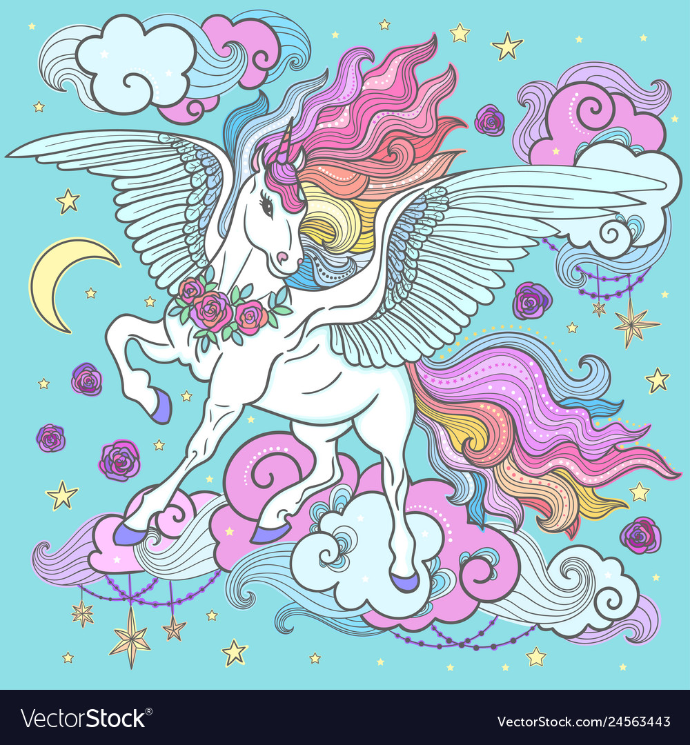 Cute Rainbow Unicorn Among Clouds Stars Royalty Free Vector