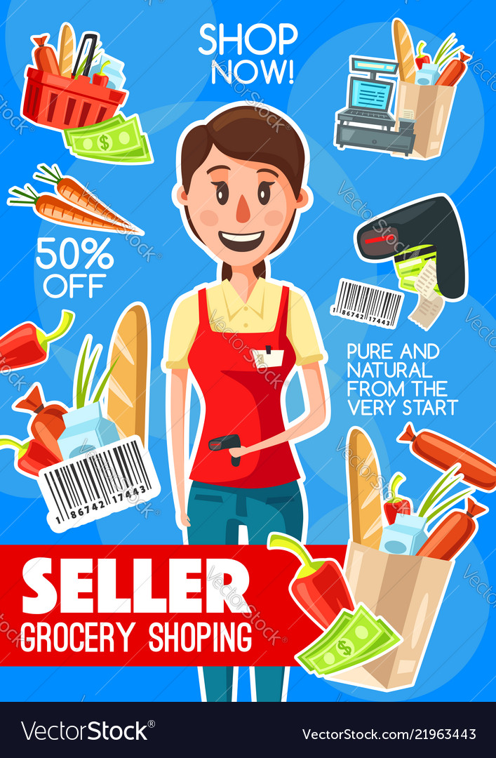 Supermarket Cashier Or Seller Profession Poster Vector Image