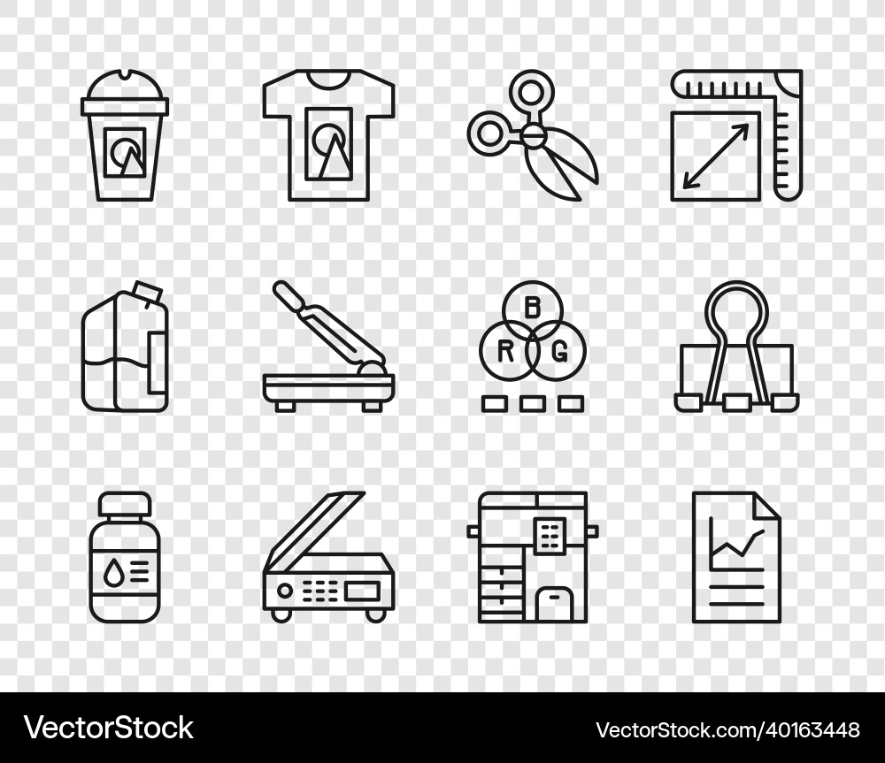 Set line printer ink bottle document with graph Vector Image