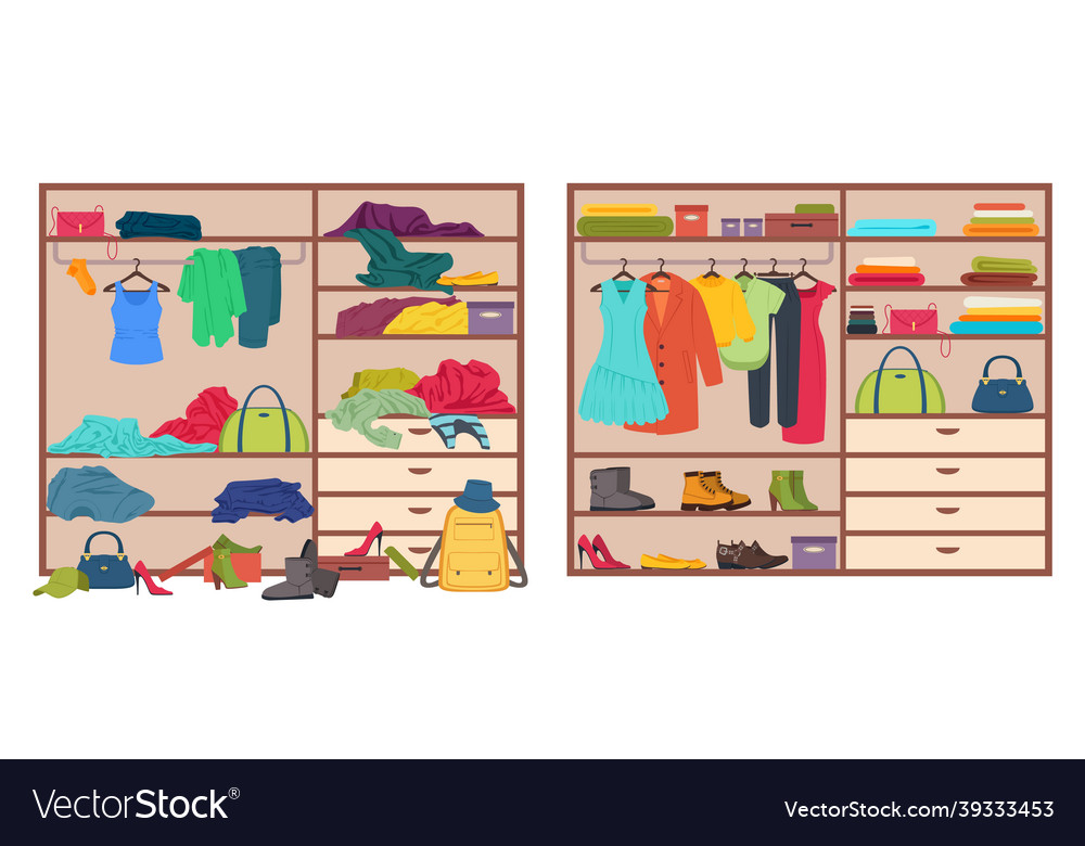 Messy wardrobe open closet before and after Vector Image