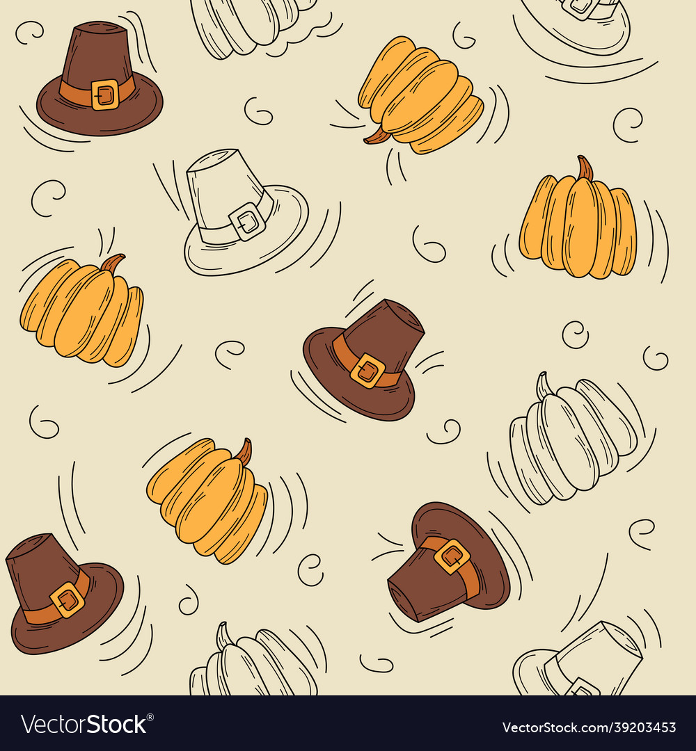 Seamless autumn pattern hat and pumpkin - hand