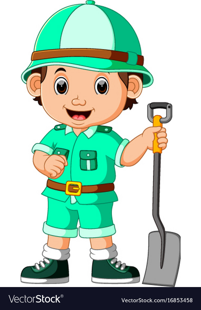 Cute hiker boy holding shovel Royalty Free Vector Image Cute hiker boy holding shovel Royalty Free Vector Image