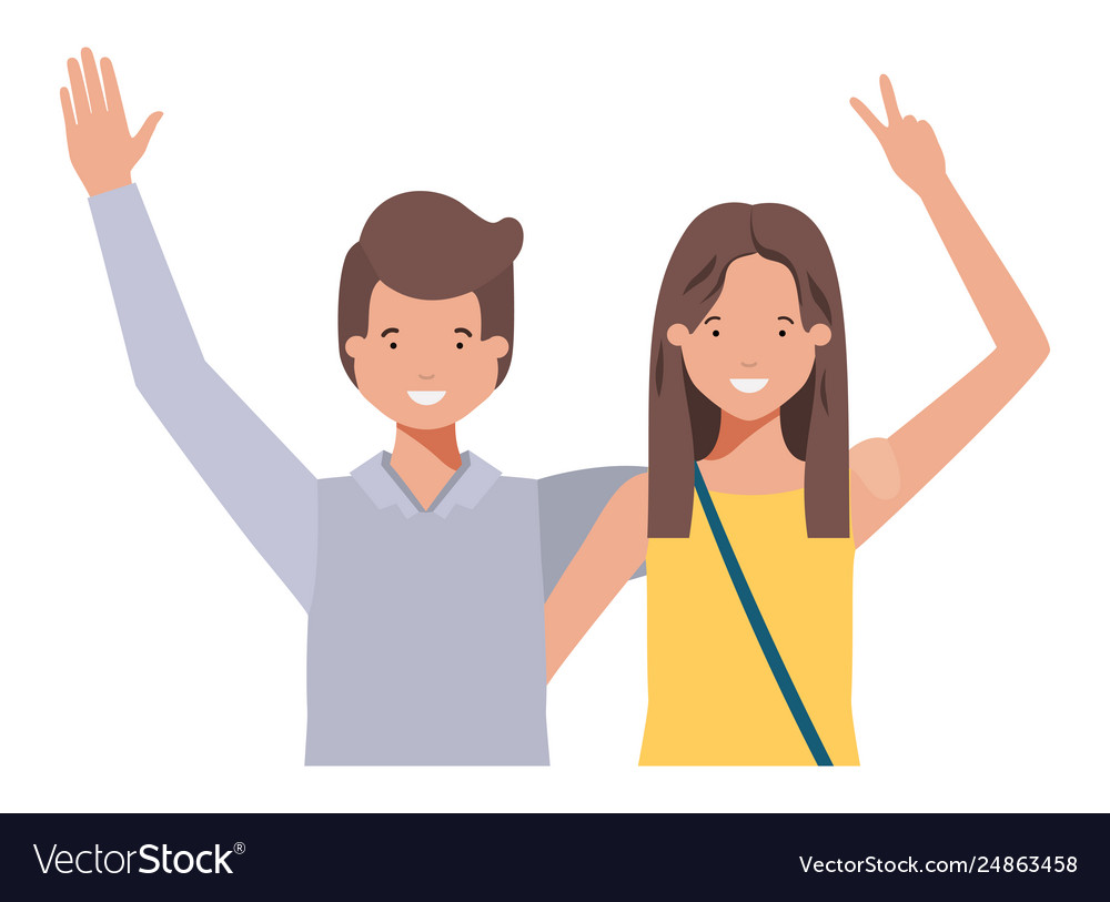 Young couple with hands up avatar character