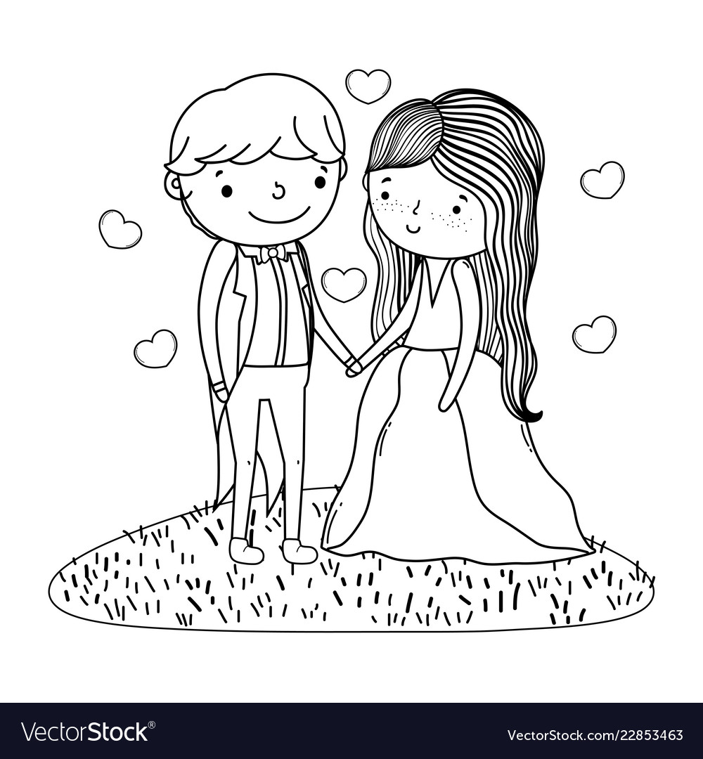 Couple marriage cute cartoon in black and white Vector Image