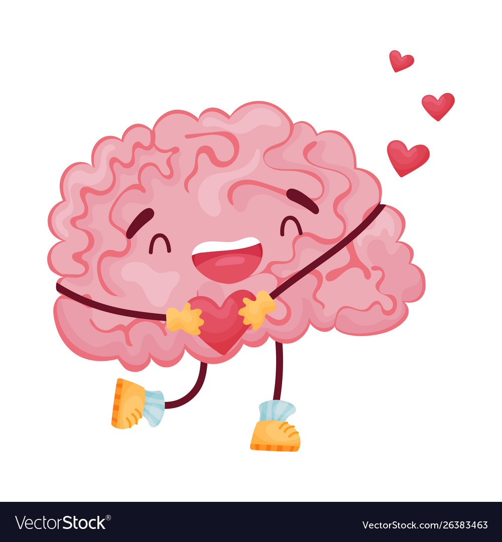 Joyful cartoon brain with a heart in his hands Vector Image Joyful cartoon brain with a heart in his hands Vector Image