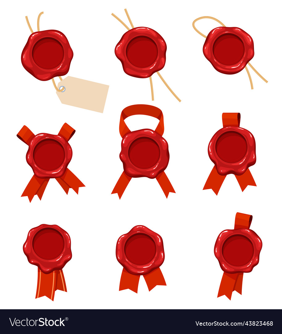 Set of red wax seals with ribbons and ropes Vector Image