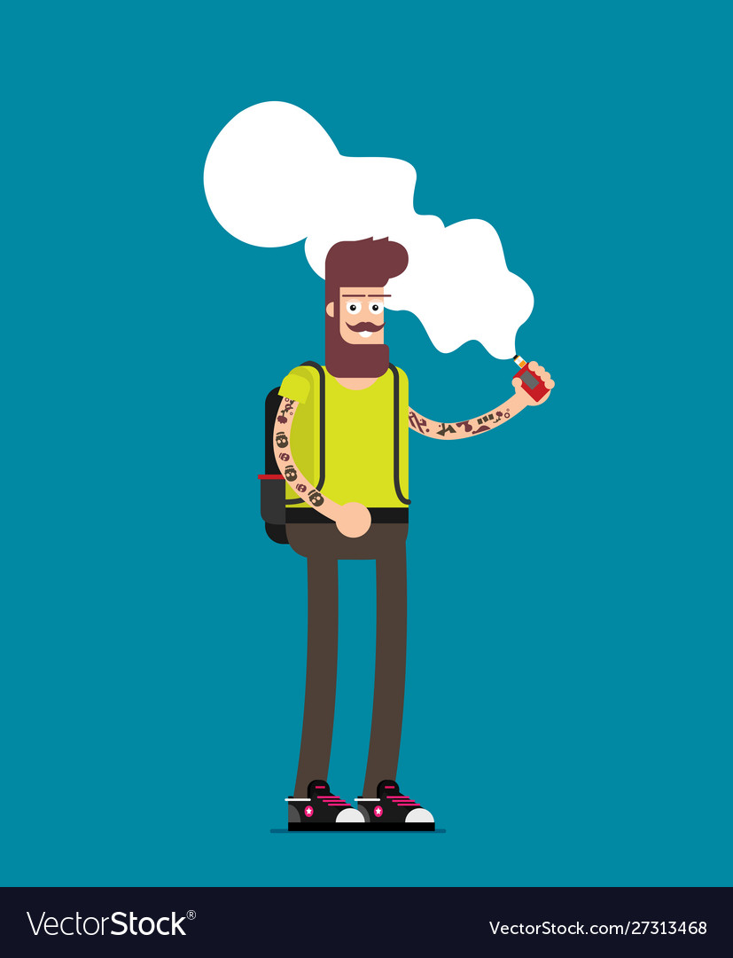 Smiling standing bearded hipster man holding vape Vector Image