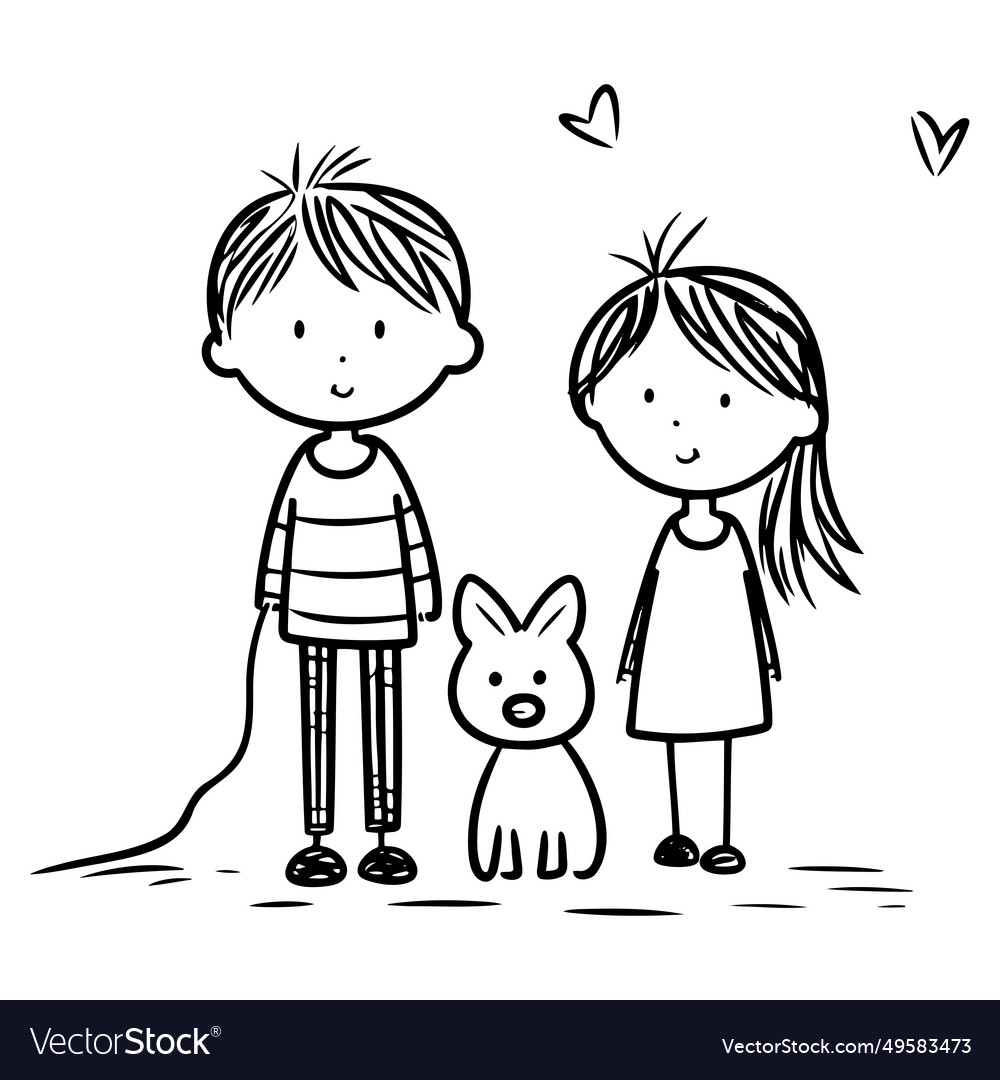 Hand drawn boy girl and dog