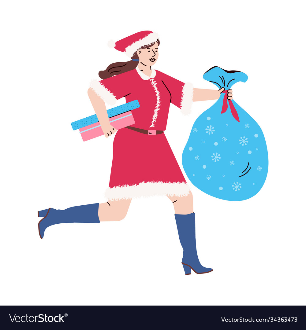 Running woman with new year and christmas gifts Vector Image