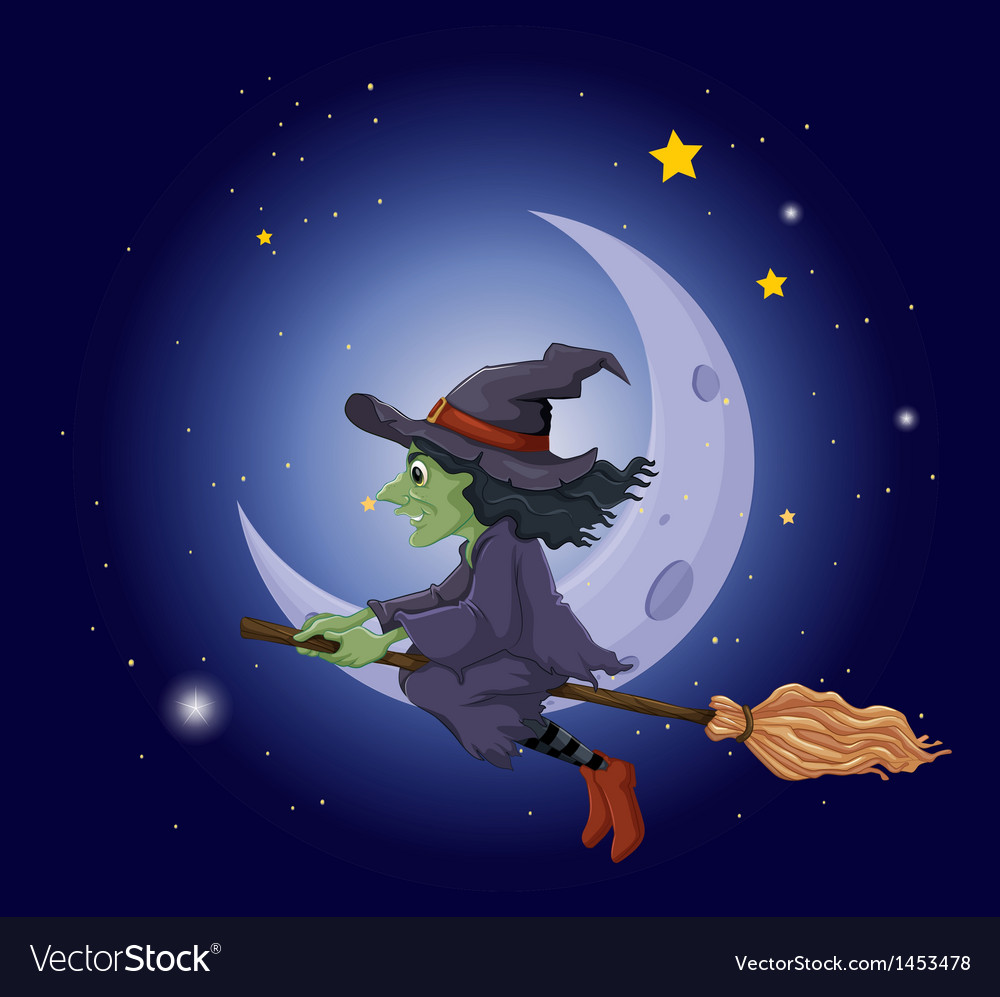 A witch riding on broomstick floating near Vector Image