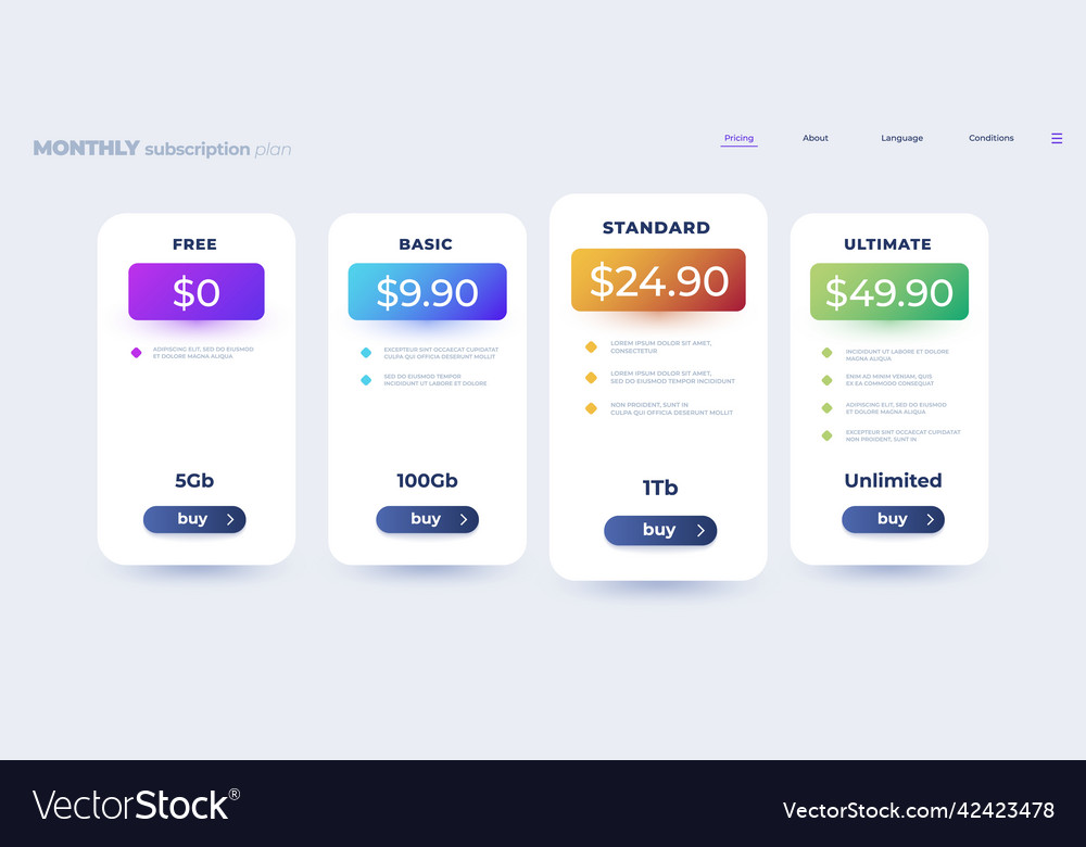 Pricing table monthly subscription comparison Vector Image