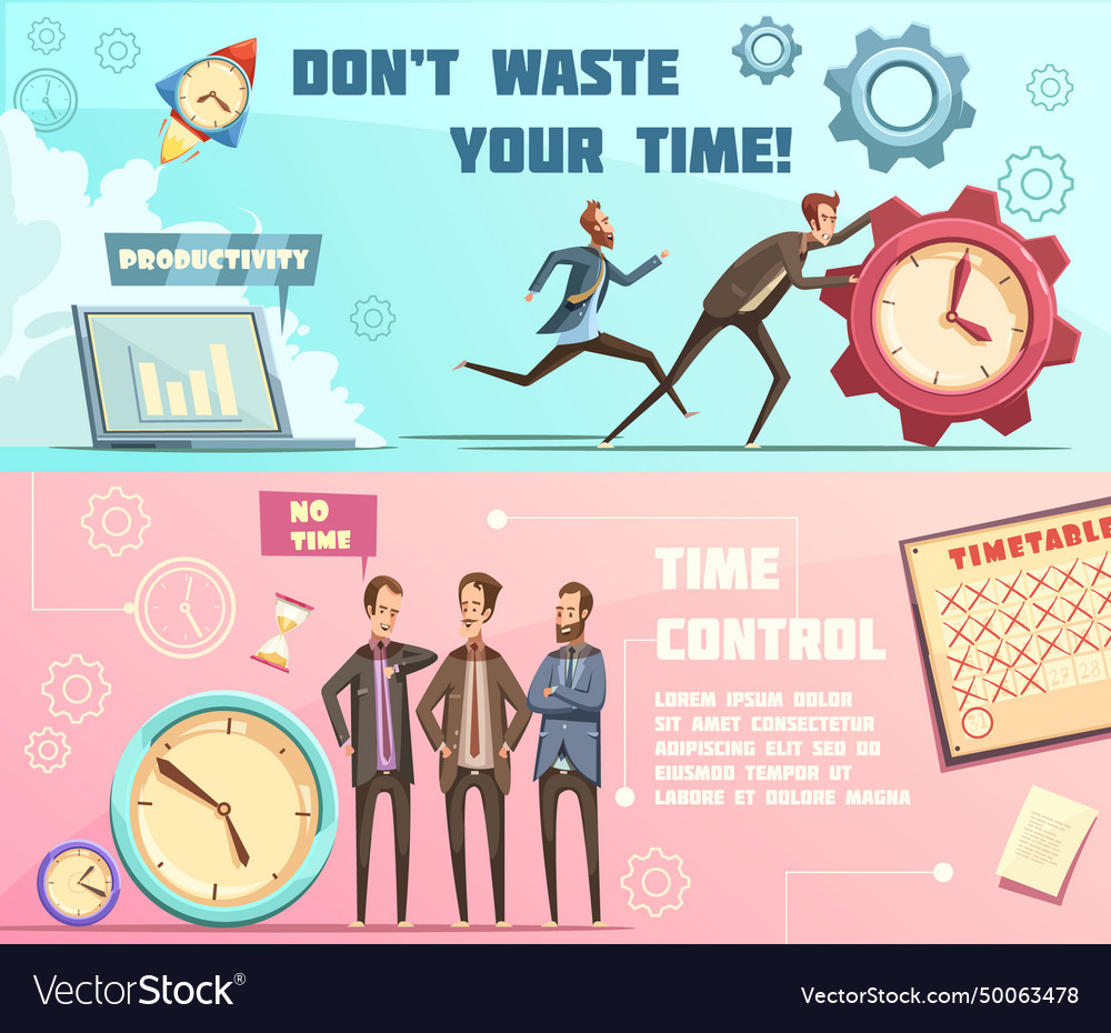 Time management retro cartoon banners