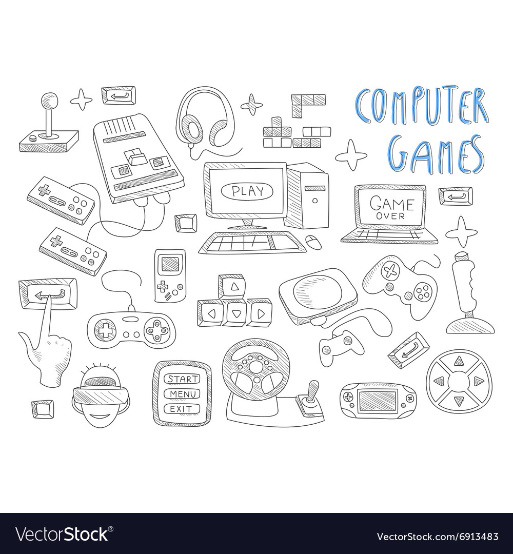 Computer games doodles icon set