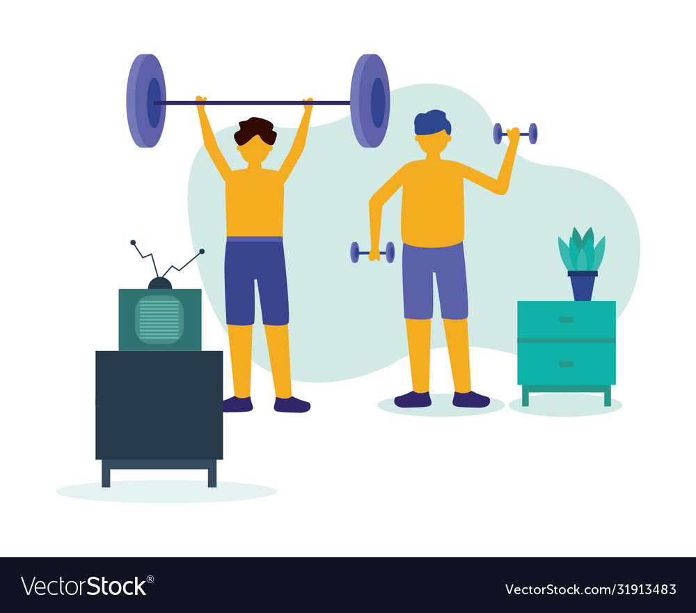 Men doing exercise with weights at home