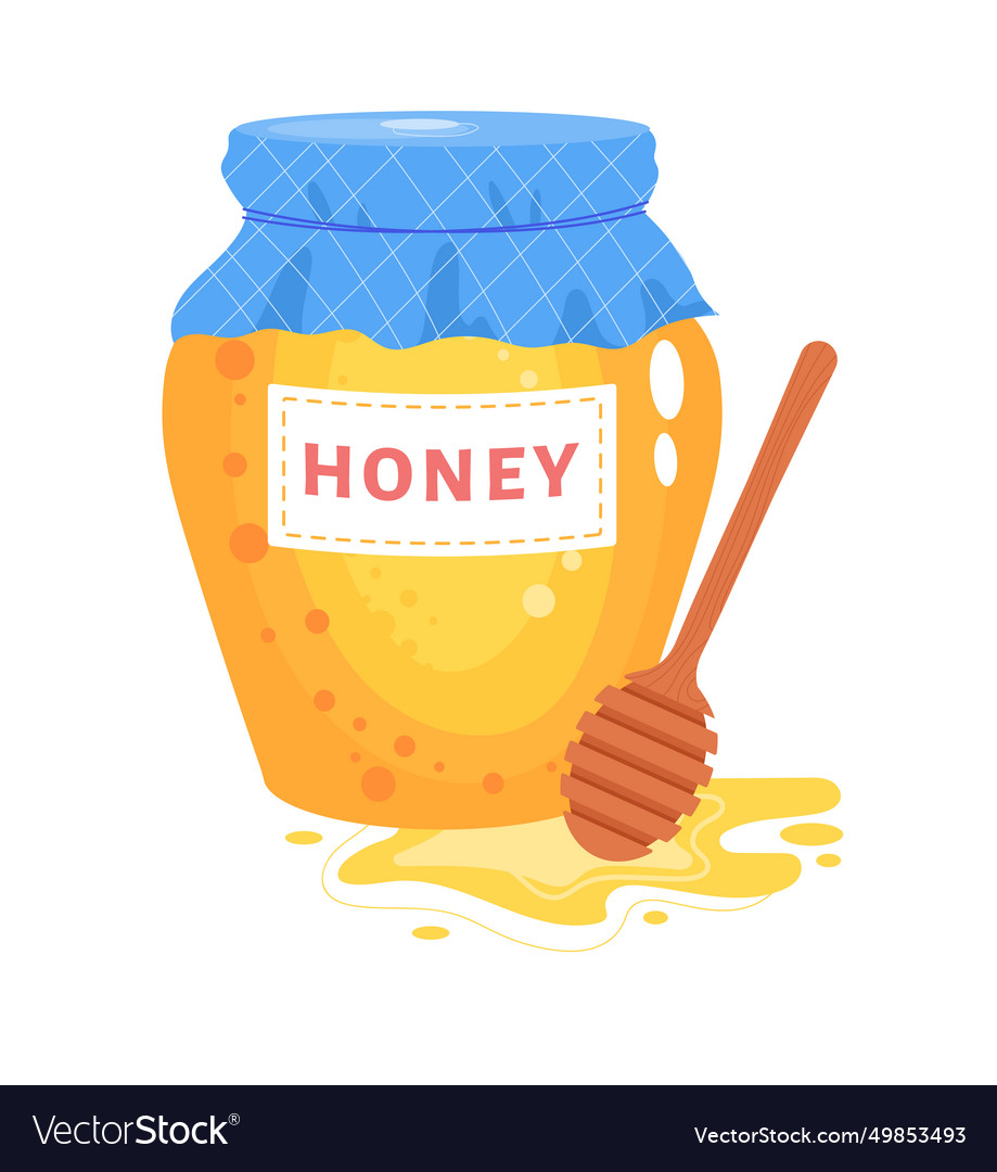 Cartoon honey jar with dipper and flowing Vector Image
