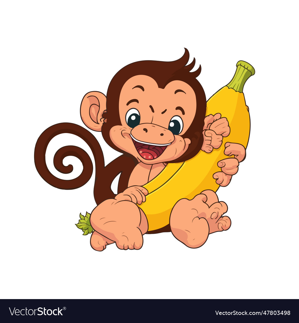 Cartoon cute monkey with big banana