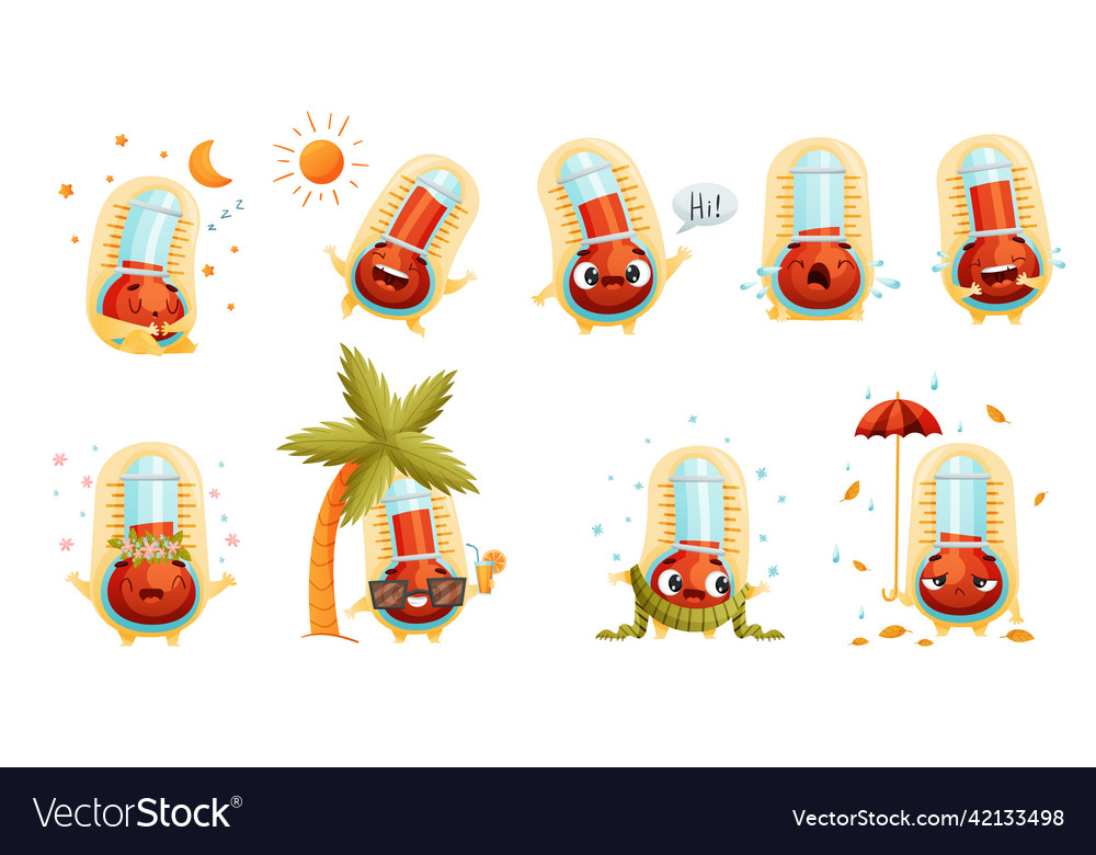 Cartoon thermometer character with different