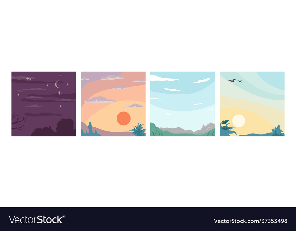 Day Night Sky Sunrise And Sunset Birds In Clouds Vector Image