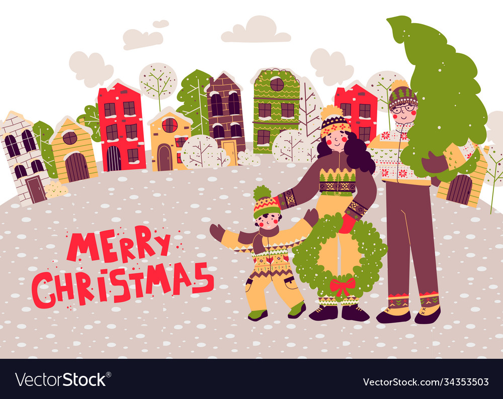 Cartoon christmas happy family flat people card