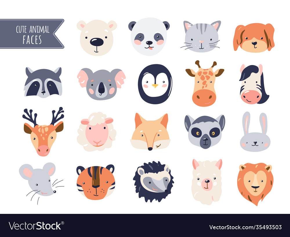 Cute animal baby faces set Royalty Free Vector Image