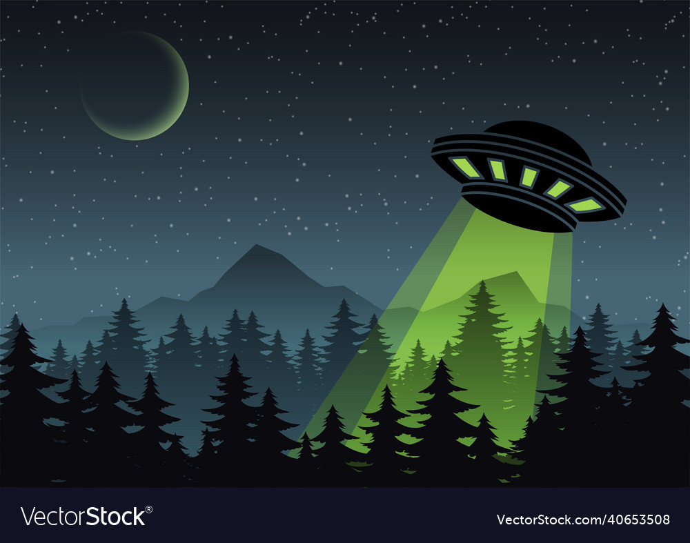 Cartoon version design of ufo fly over the forest Vector Image