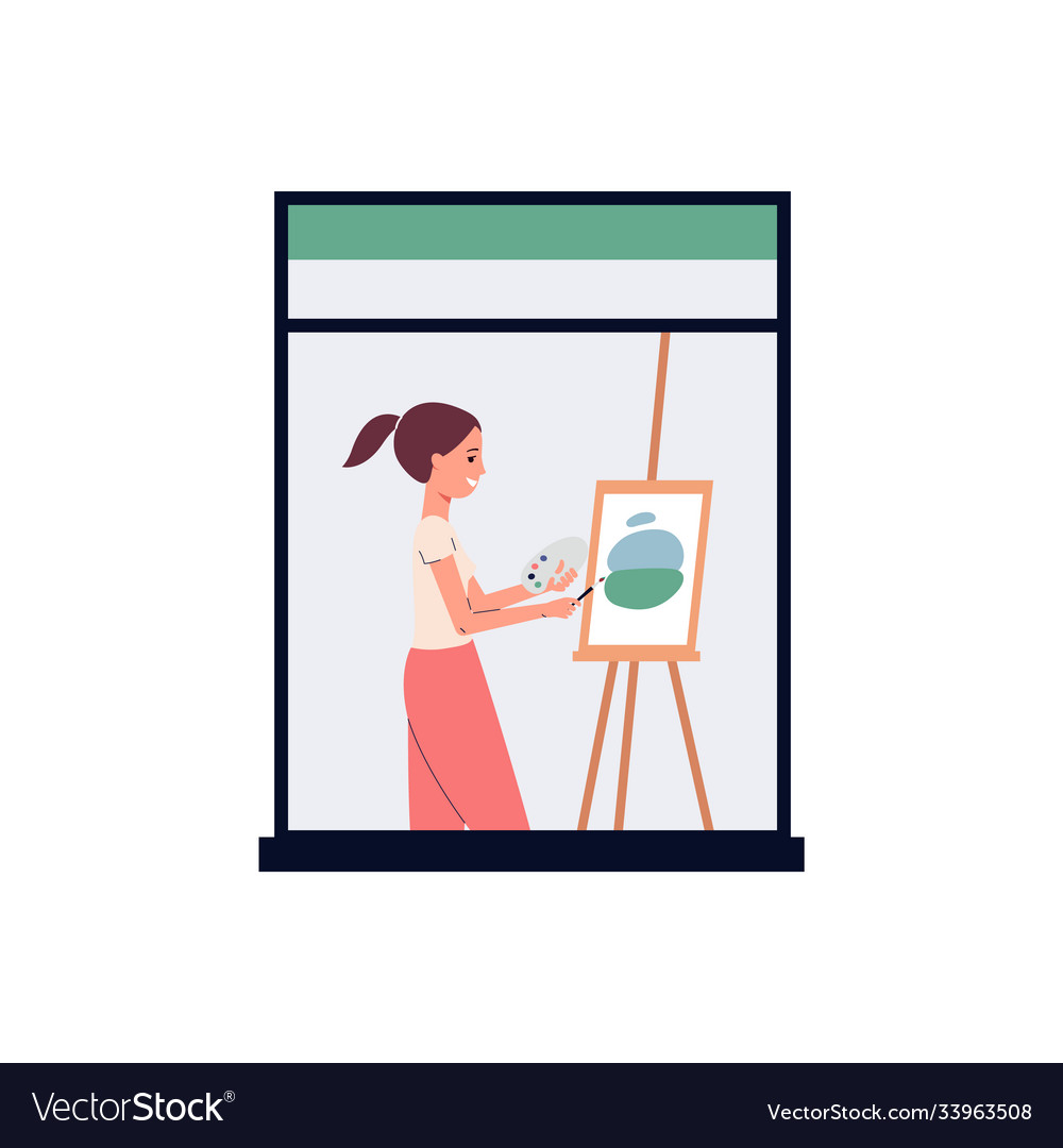 Cartoon woman painting a picture in window