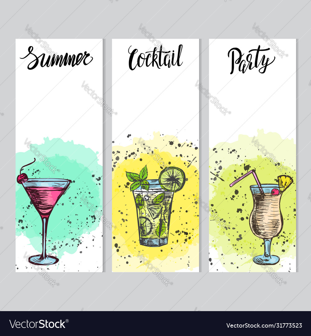 Set cards with hand drawn cocktails